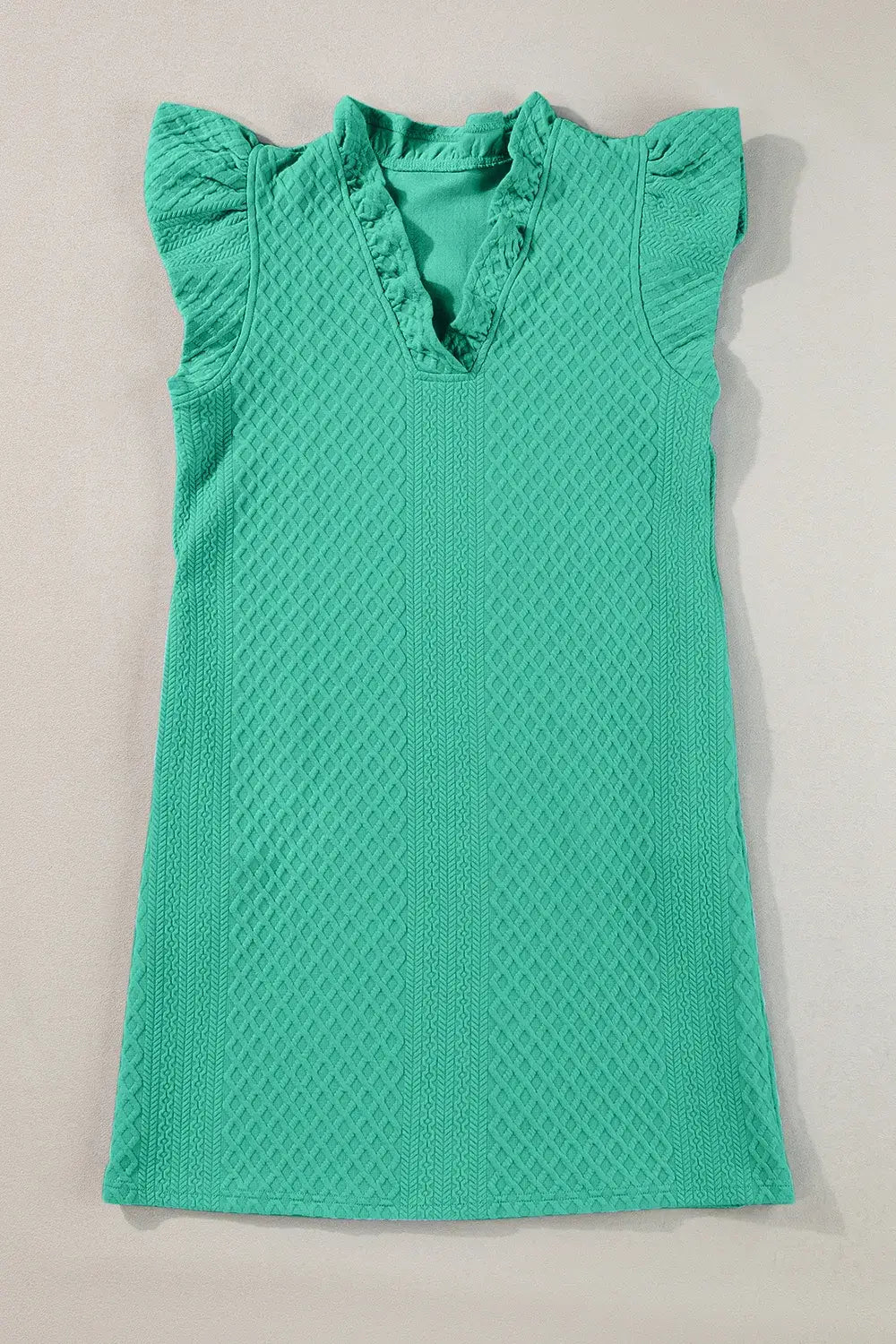 Ruffled V-Neck Cap Sleeve Mini Dress in teal, featuring soft ruffles and textured fabric for a feminine style.