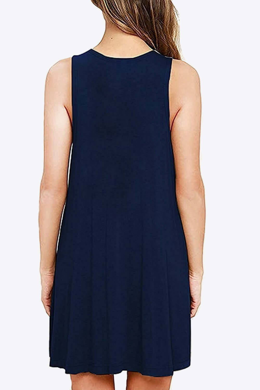 Back view of a sleeveless navy blue mini dress with a round neck and flared skirt.