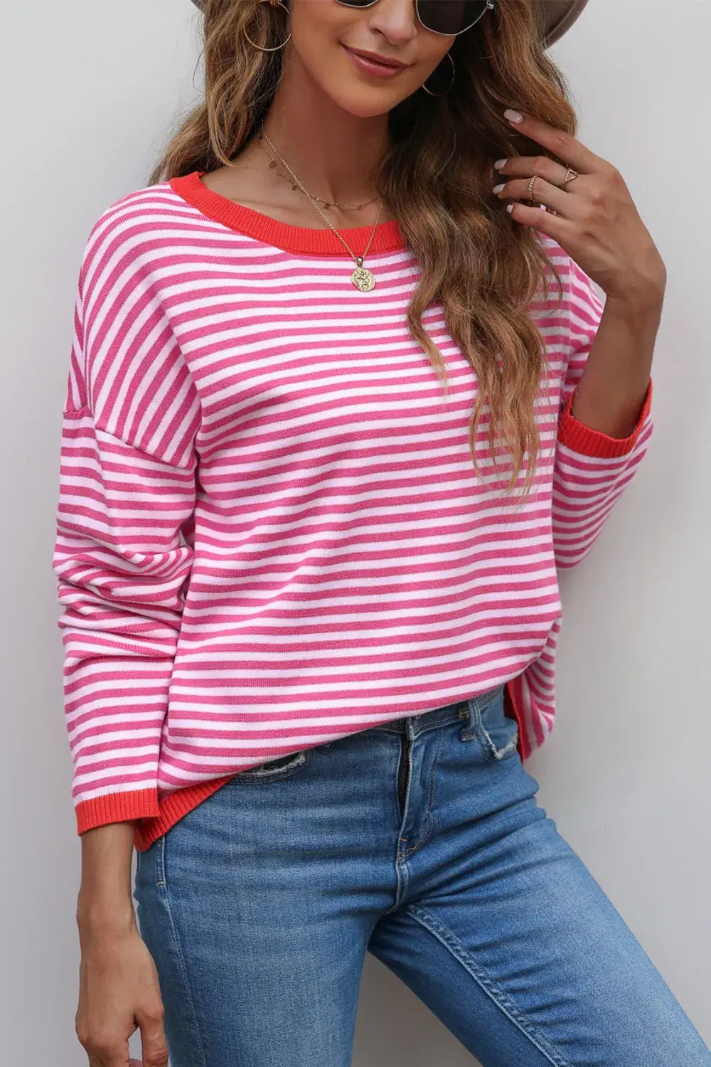 Striped Round Neck Drop Shoulder T-Shirt – Casual & Stylish in pink and white with relaxed fit and drop shoulders.