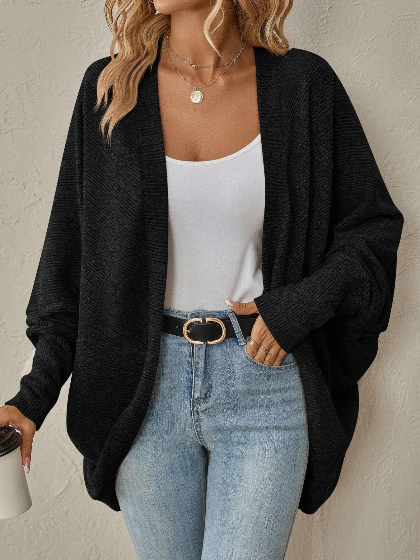Open Front Batwing Sleeve Cardigan worn over a white top with blue jeans, stylish and lightweight fabric.