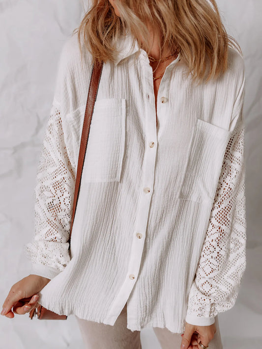 Lace Sleeve Button Down Shirt with eyelet detail, featuring pockets and buttoned front for elegant everyday style.