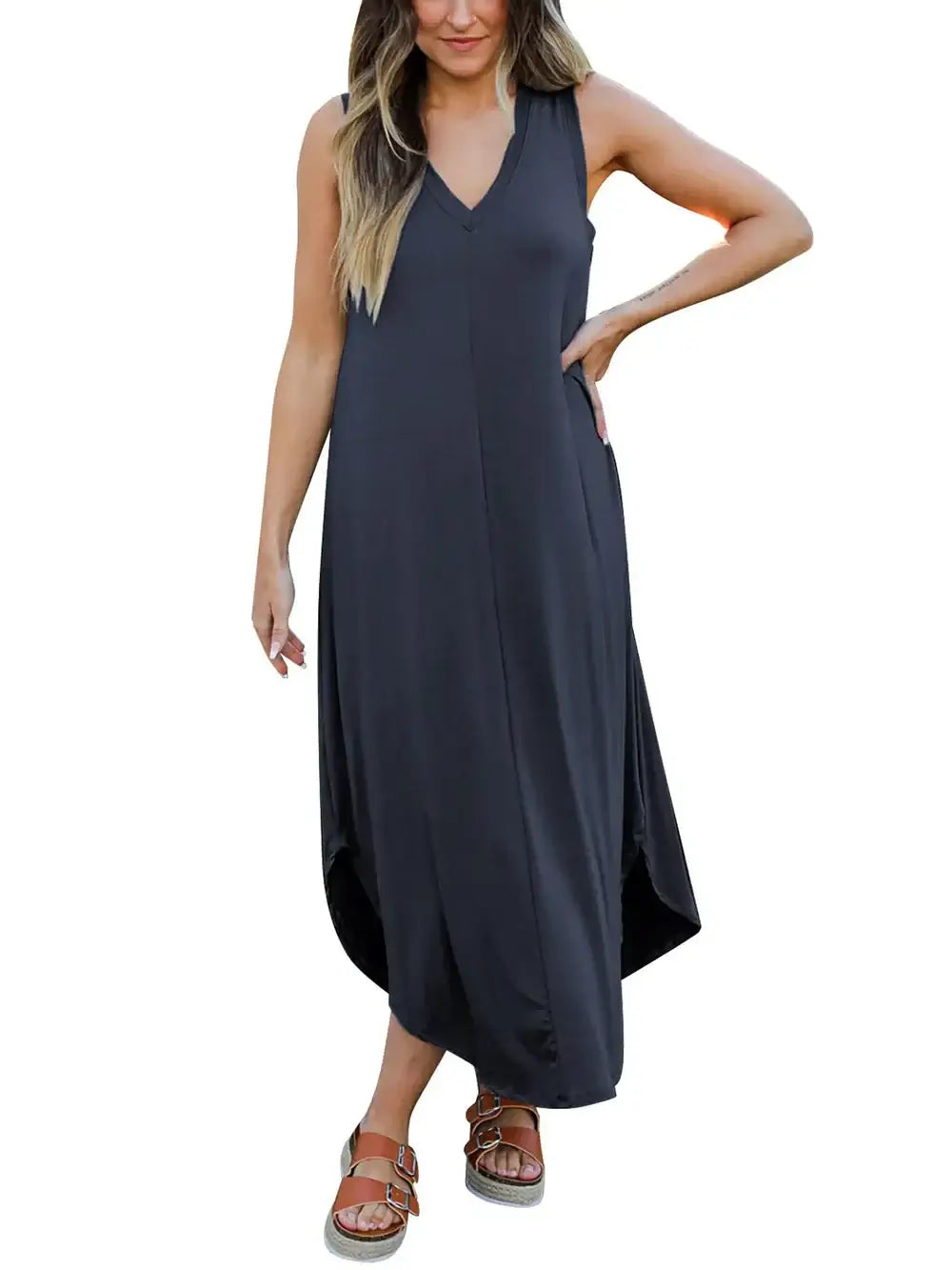Full Size V-Neck Midi Tank Dress displayed on a model, showcasing its casual and chic style.