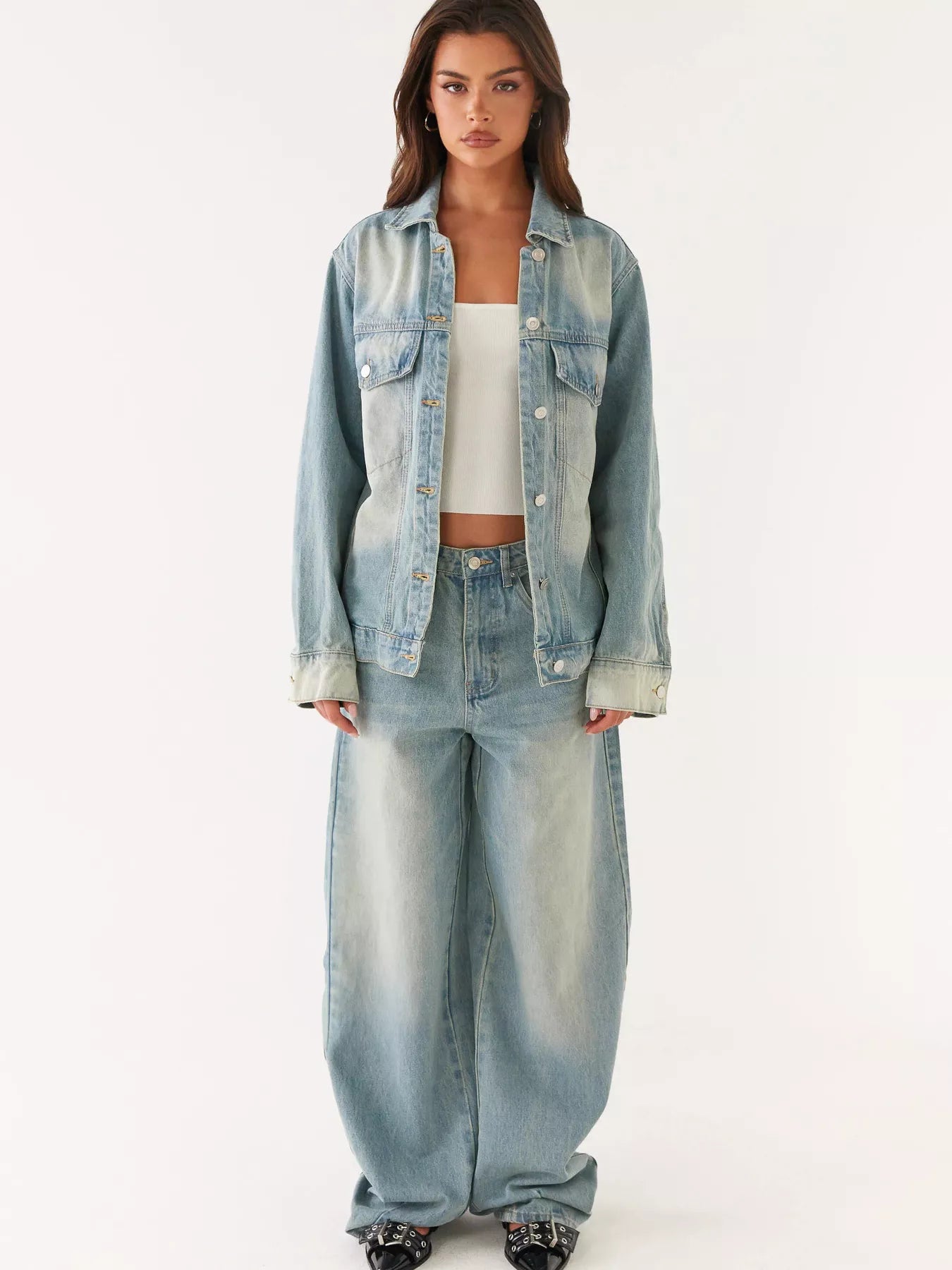 Button Up Denim Jacket and Jeans Set displayed on a model, showcasing a stylish two-piece denim outfit.