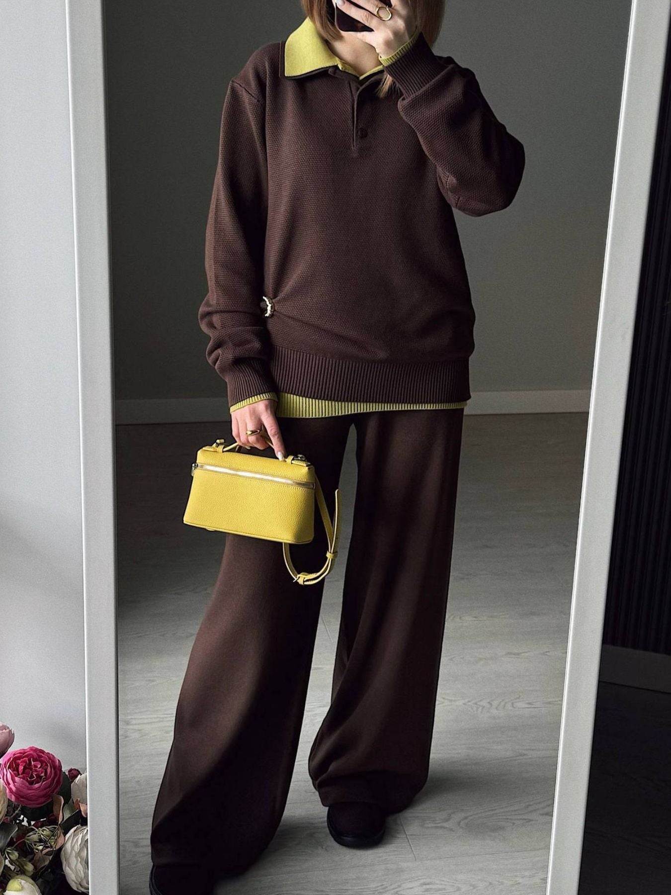 Polo Collar Knit Two Piece Set featuring a brown top and wide-leg pants, styled with a yellow handbag.