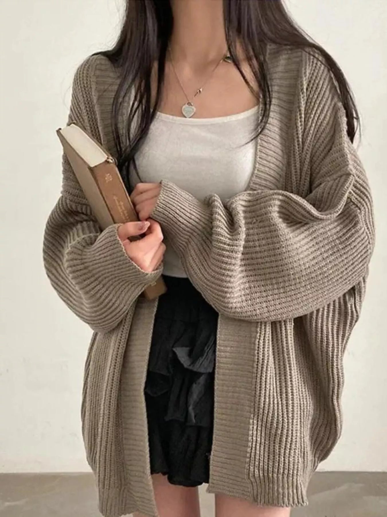Open Front Oversized Knit Cardigan for Women, slightly stretchy, 95% acrylic, cozy oversized fit.