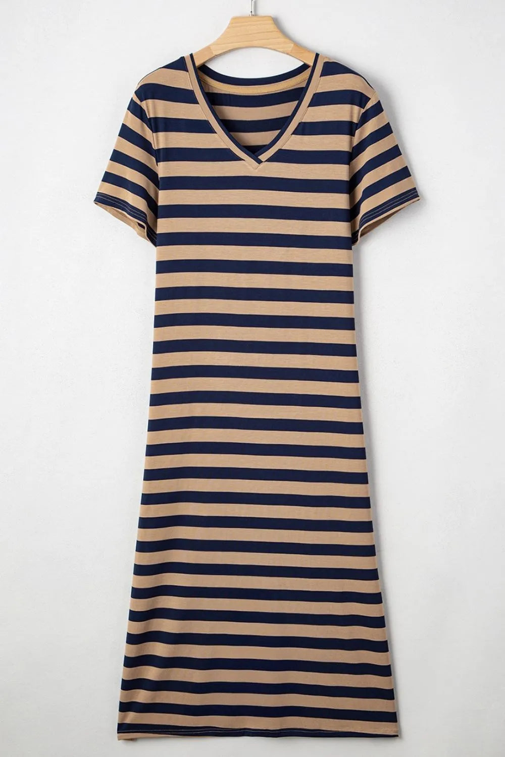 Casual Striped V-Neck Midi T-Shirt Dress displayed on a hanger, featuring a stylish striped pattern and v-neck design.
