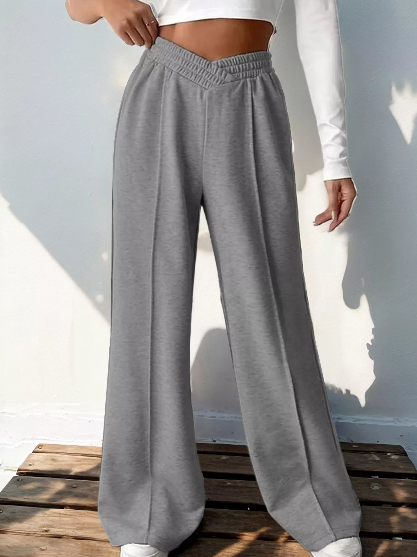 Wide Leg High Waist Pants in gray, featuring an elegant basic style for everyday fashion.