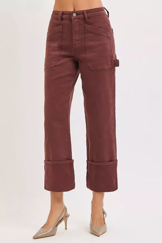 RISEN High Rise Wide Straight Cuffed Jeans in burgundy, featuring a trendy cuffed hem for a chic everyday style.