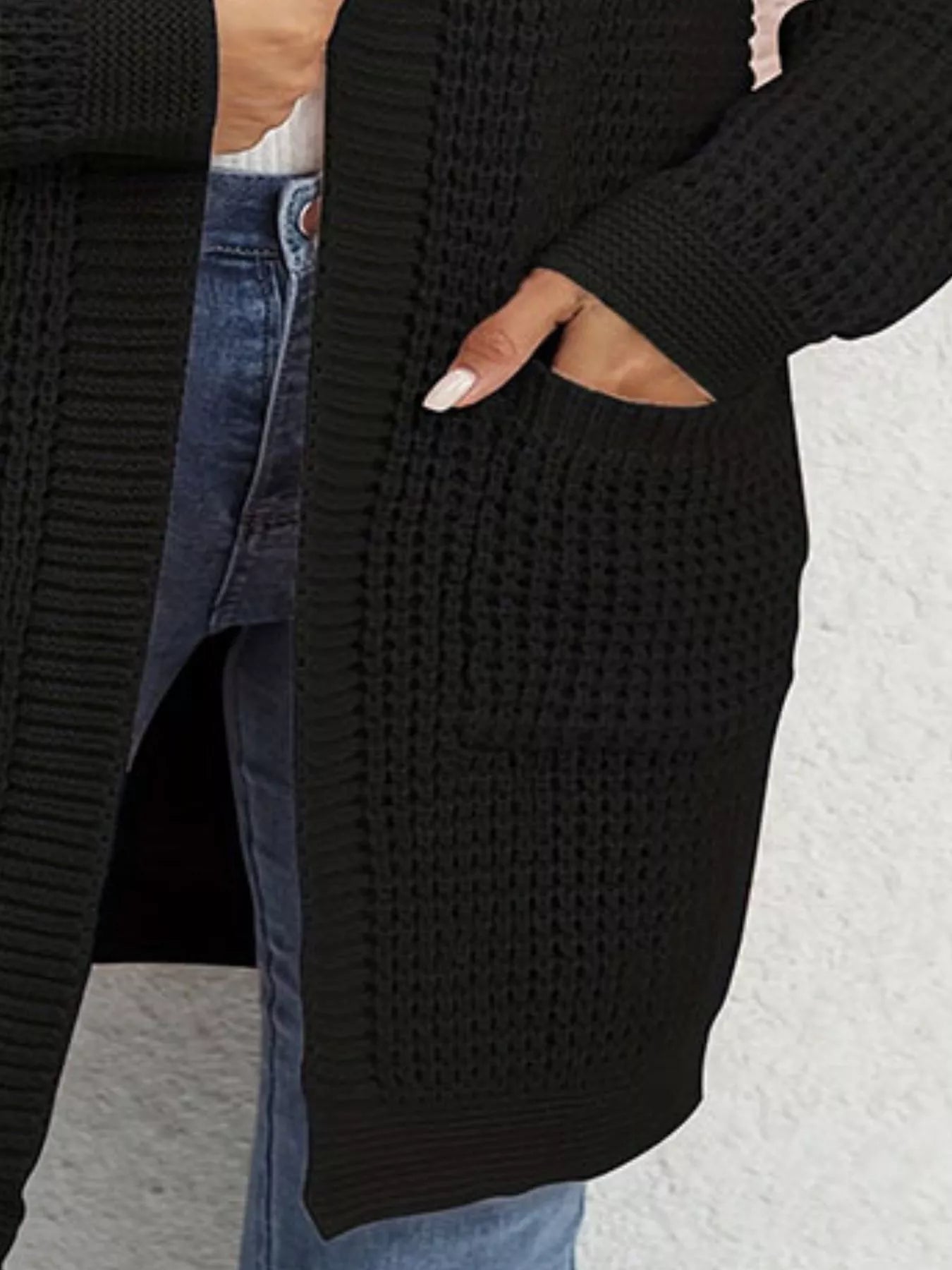 Chunky Knit Open Front Cardigan featuring textured fabric and pockets for cozy layered style.