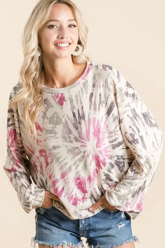 BiBi Tie Dye Print Terry Pullover in a vibrant pink and gray design, perfect for playful everyday style.