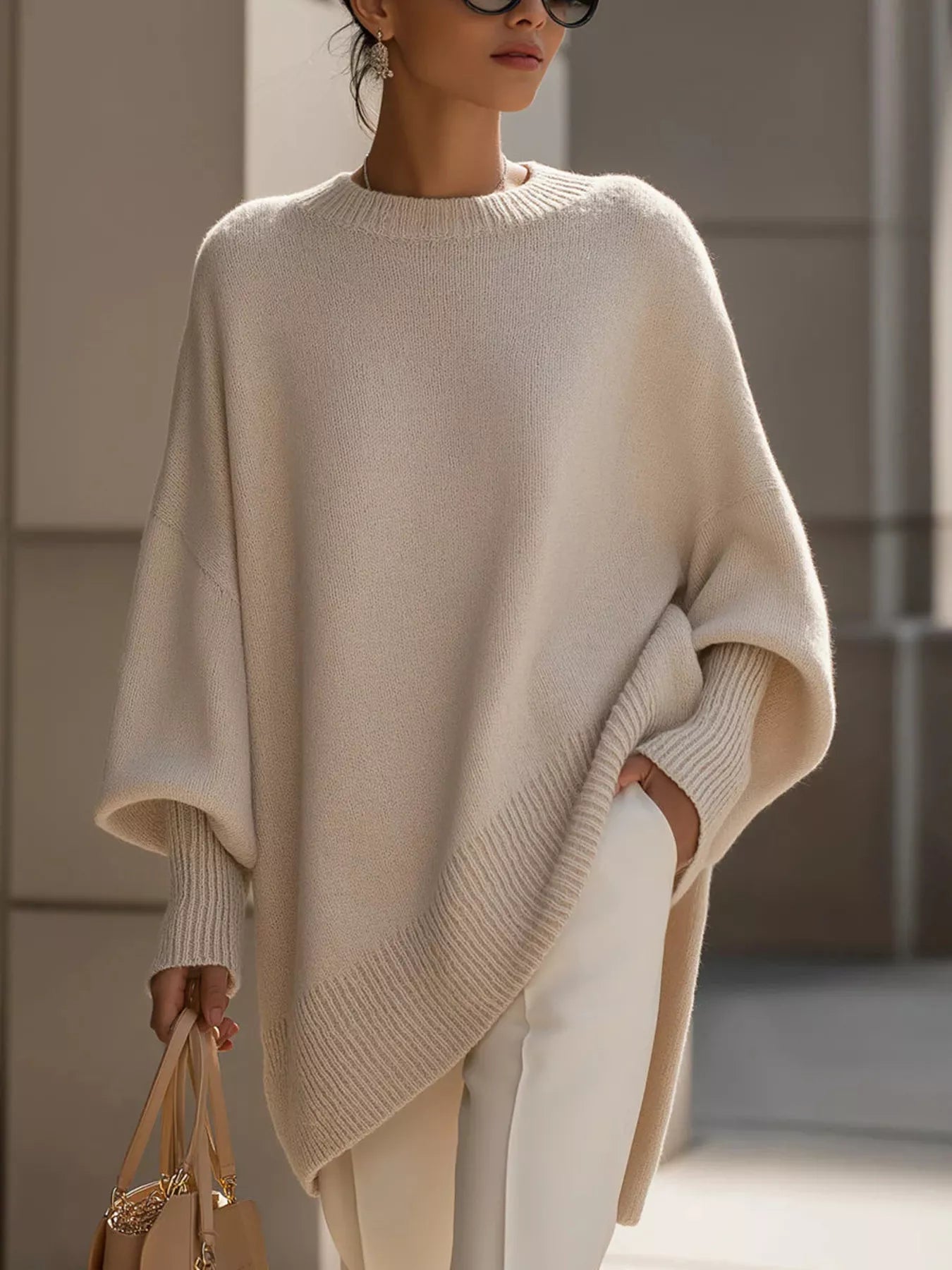 Oversized Batwing Sleeve Knit Sweater for Women in cream color, with ribbed detailing and slightly stretchy fabric.