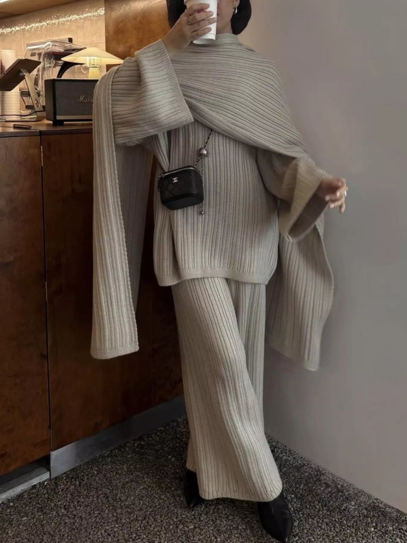 3 Piece Ribbed Sweater and Wide Leg Pants Set with Scarf worn by a model, showcasing a cozy and stylish look.