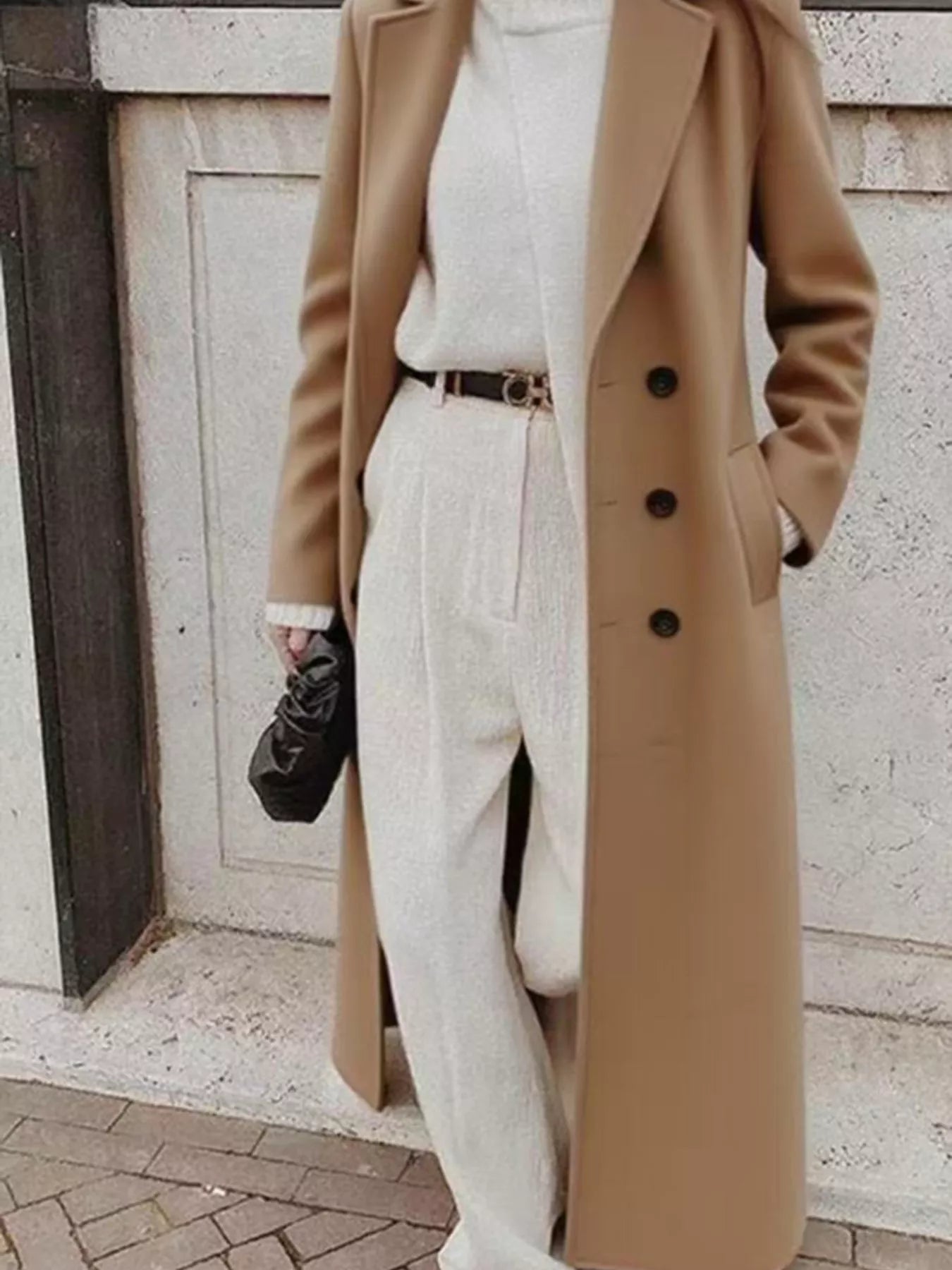 Double Breasted Longline Overcoat worn over a stylish outfit, showcasing an elegant classic coat in a timeless design.