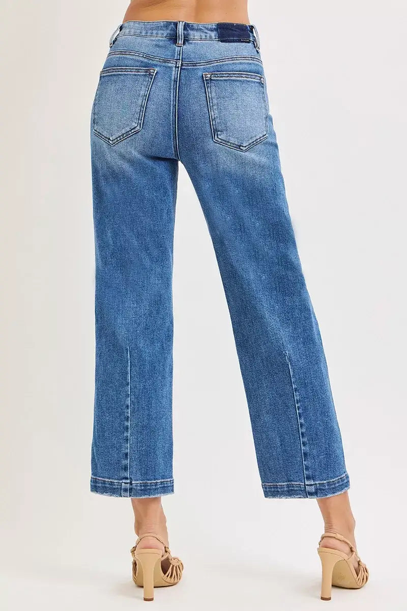 Back view of RISEN High Rise Crop Boyfriend Tapered Jeans showcasing relaxed fit and cropped length.