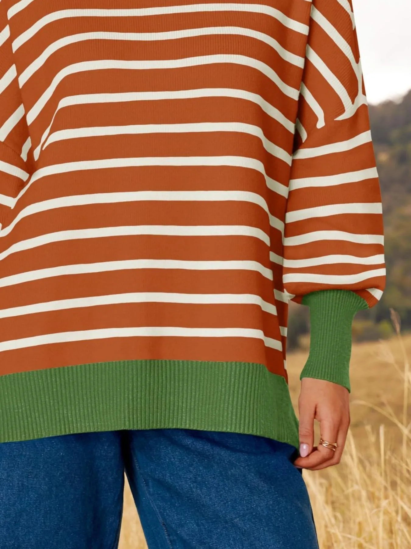 Striped Round Neck Long Sleeve Sweater featuring oversized fit and slightly stretchy material in earthy tones.