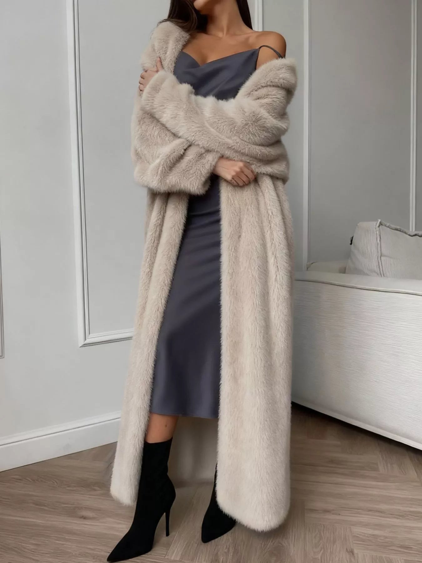 Fuzzy Open Front Longline Cardigan worn over a chic dress, showcasing a cozy and stylish layered look for women.