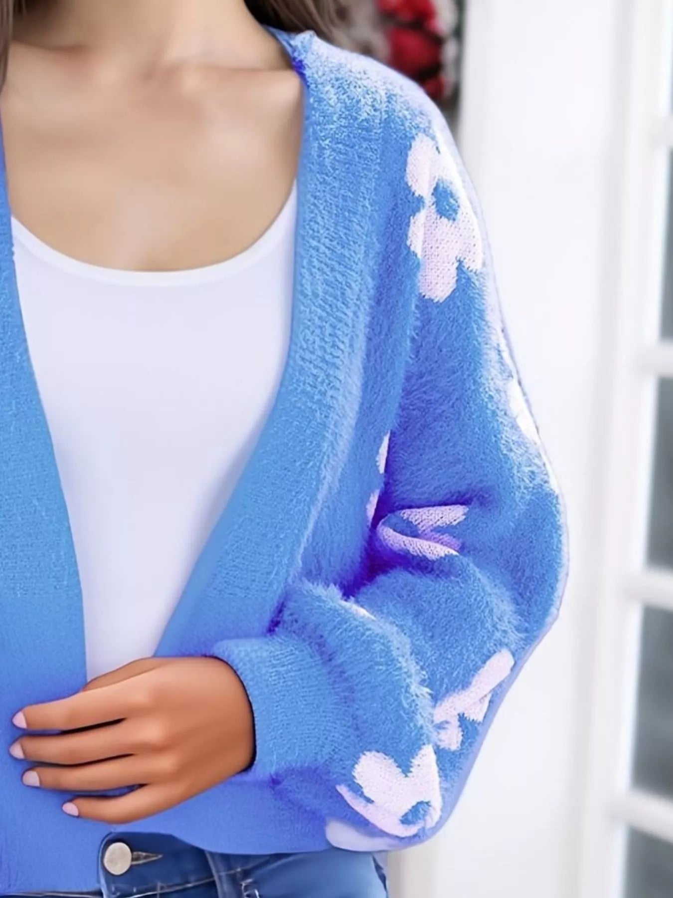 Floral Open Front Cardigan for Women in blue with floral pattern, perfect for everyday style.