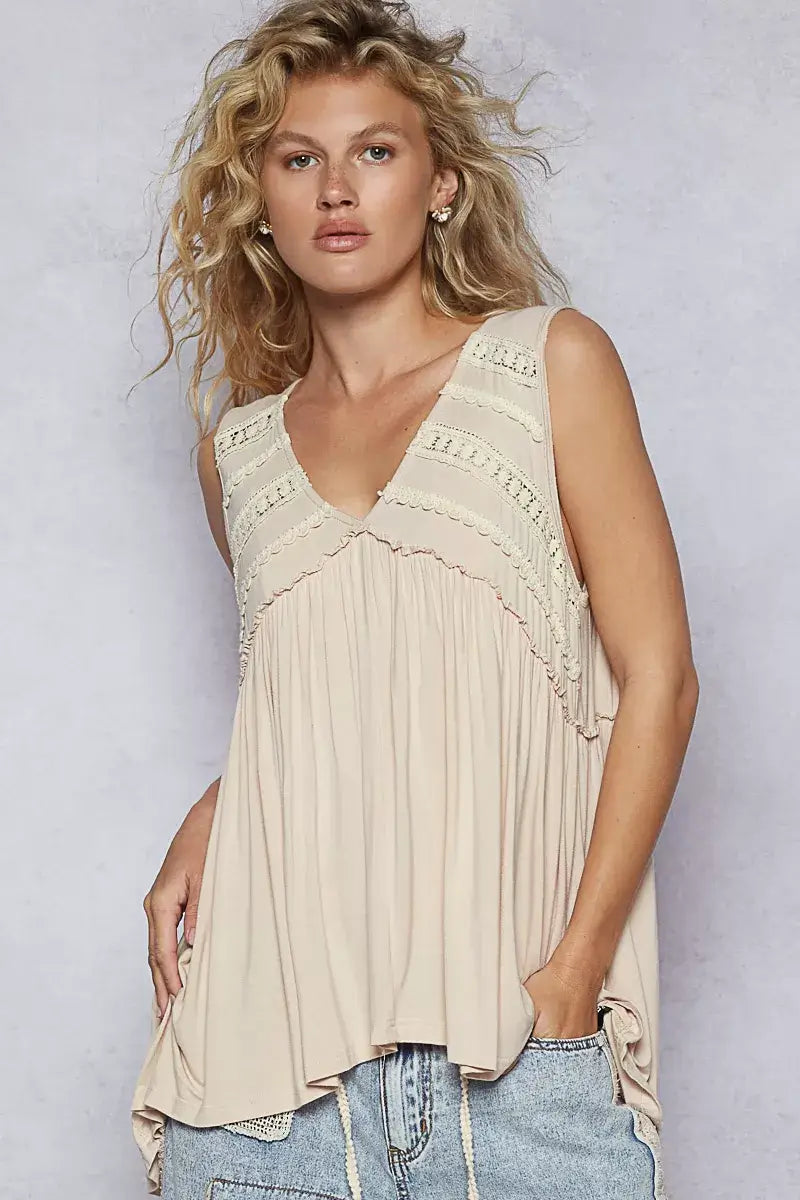 POL Lace Trim Babydoll Sleeveless Top on a model showcasing the feminine and chic design in a soft, flowy style.