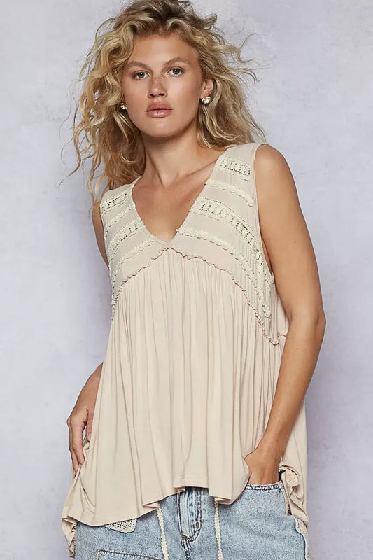 POL Lace Trim Babydoll Sleeveless Top on a model showcasing the feminine and chic design in a soft, flowy style.