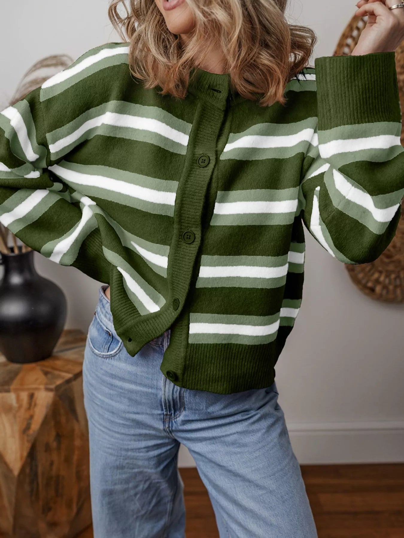 Striped Button-Down Knit Cardigan in green and white stripes, perfect for cozy everyday style.
