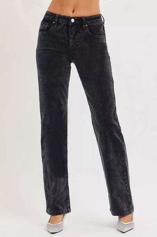 RISEN Tummy Control Mid Rise Straight Leg Corduroy Pants modeled in black, showcasing stylish and comfortable design.