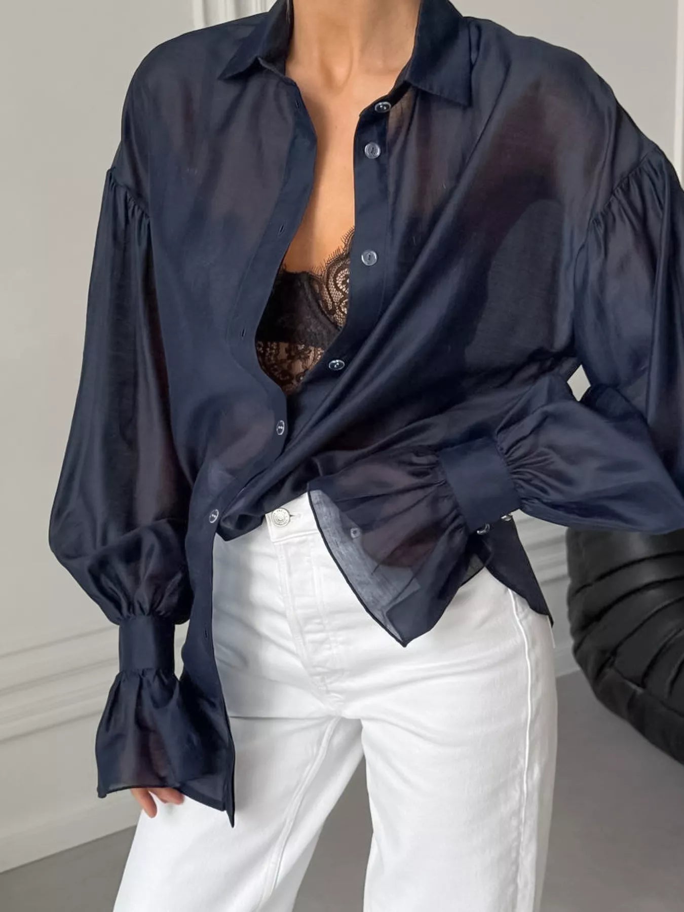 Button Up Flounce Sleeve Shirt in dark navy with elegant flounce sleeves and an open button design.