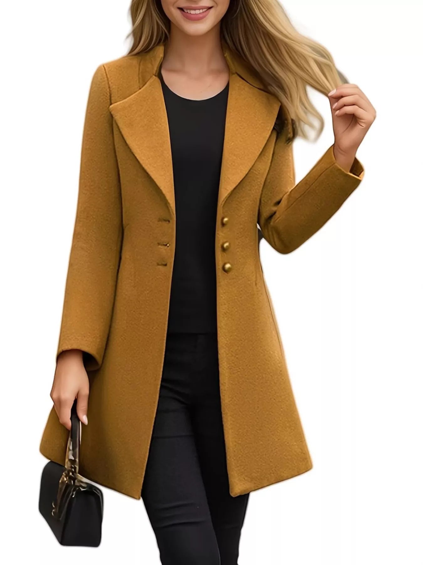 Full Size Single Breasted Long Sleeve Overcoat for Women in mustard color with buttoned design and open collar.
