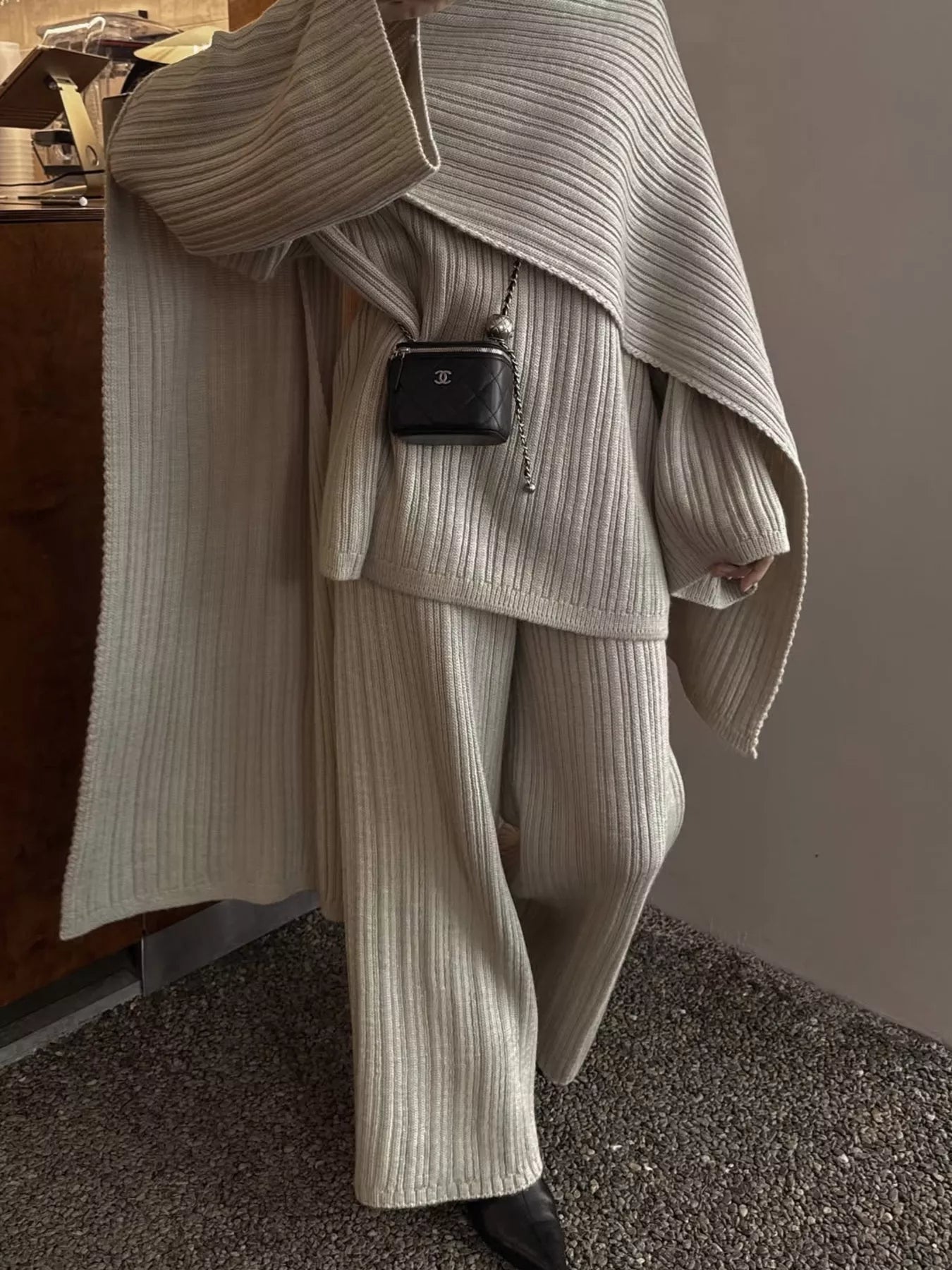 3 Piece Ribbed Sweater and Wide Leg Pants Set with Scarf in a stylish beige ribbed design.