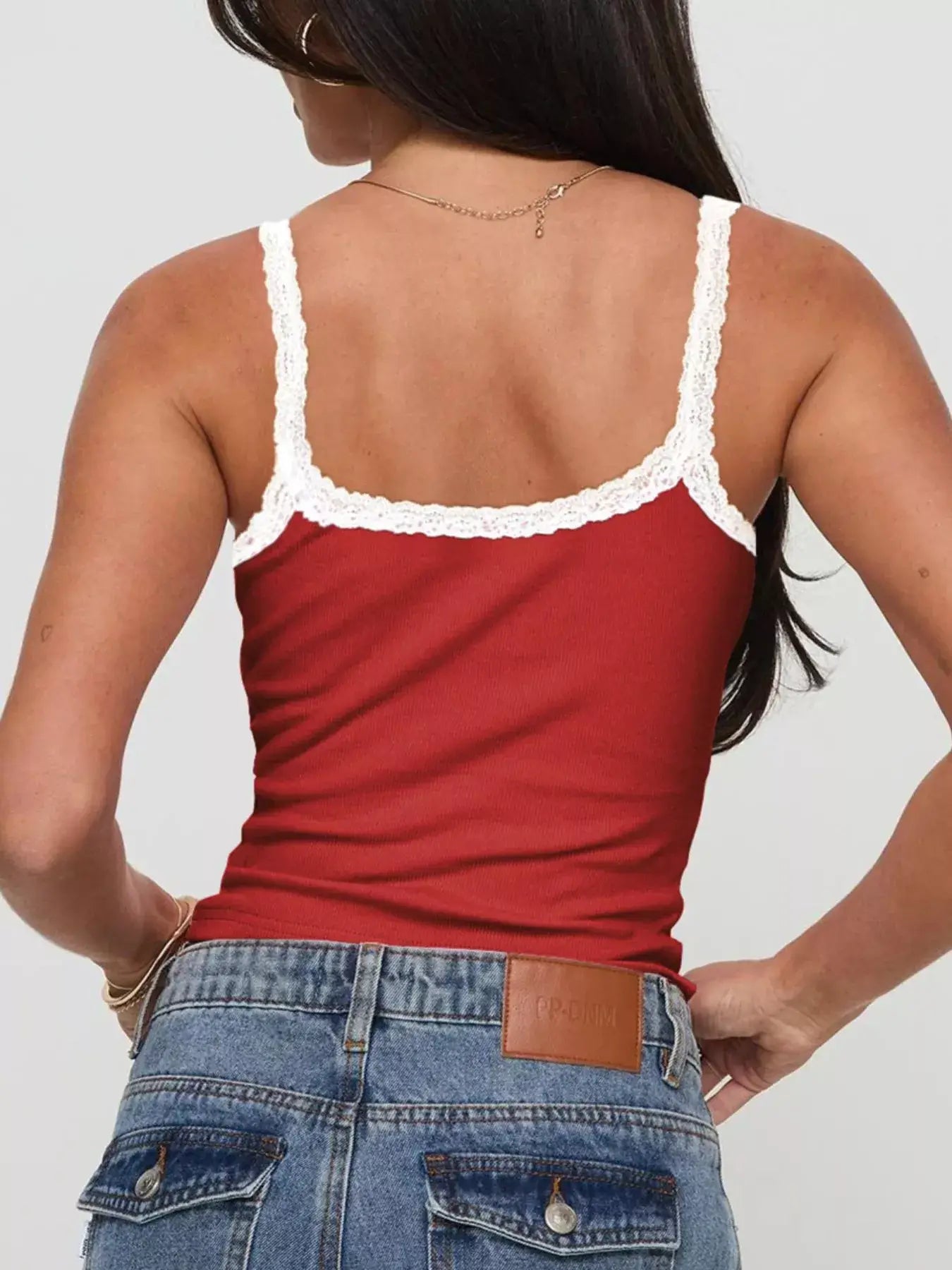 Back view of Lace Detail Contrast Trim Cami with delicate lace and contrast trim details.