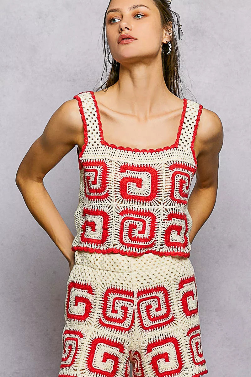 POL Handmade Crochet Cropped Tank with Granny Square Pattern featuring a colorful design and artisanal craftsmanship.