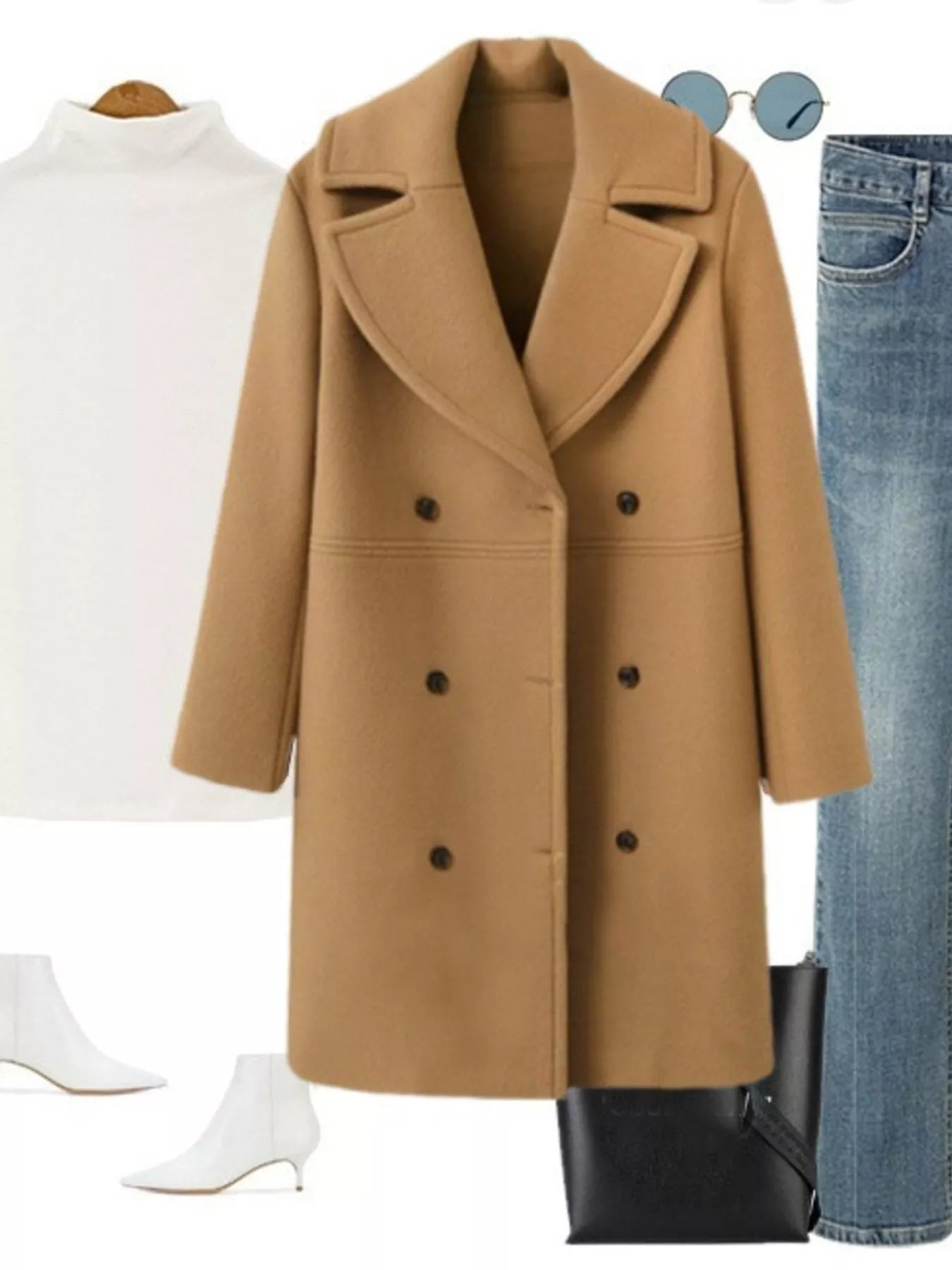 Double-Breasted Long Sleeve Coat styled with a white top, jeans, sunglasses, and ankle boots.