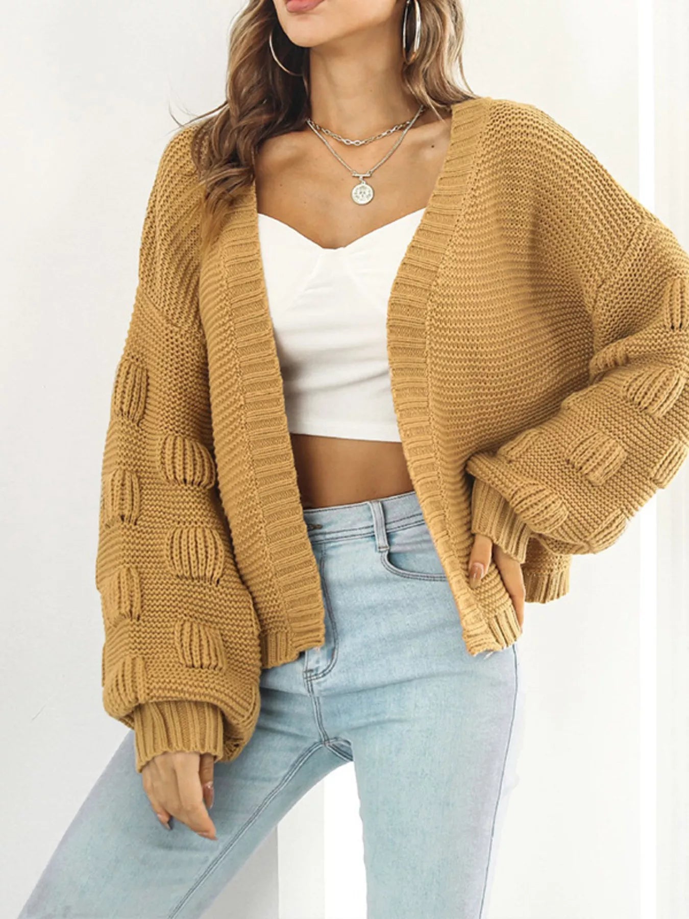 Chunky Knit Open Front Cardigan in mustard yellow, featuring ribbed details and slightly stretchy material for cozy everyday style.