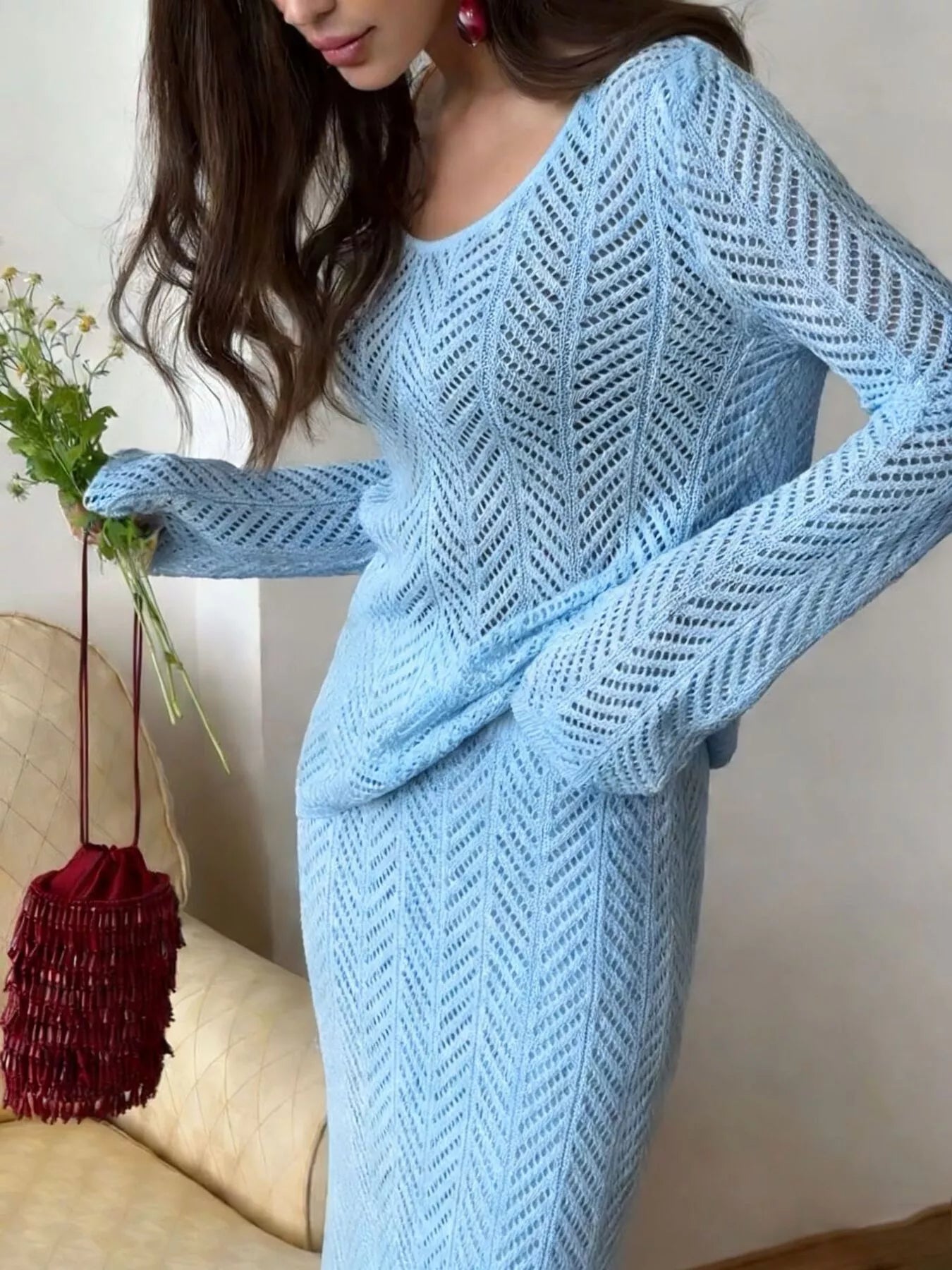 Openwork Long Sleeve Knit Top and Skirt Set elegant women outfit in light blue with trendy accents