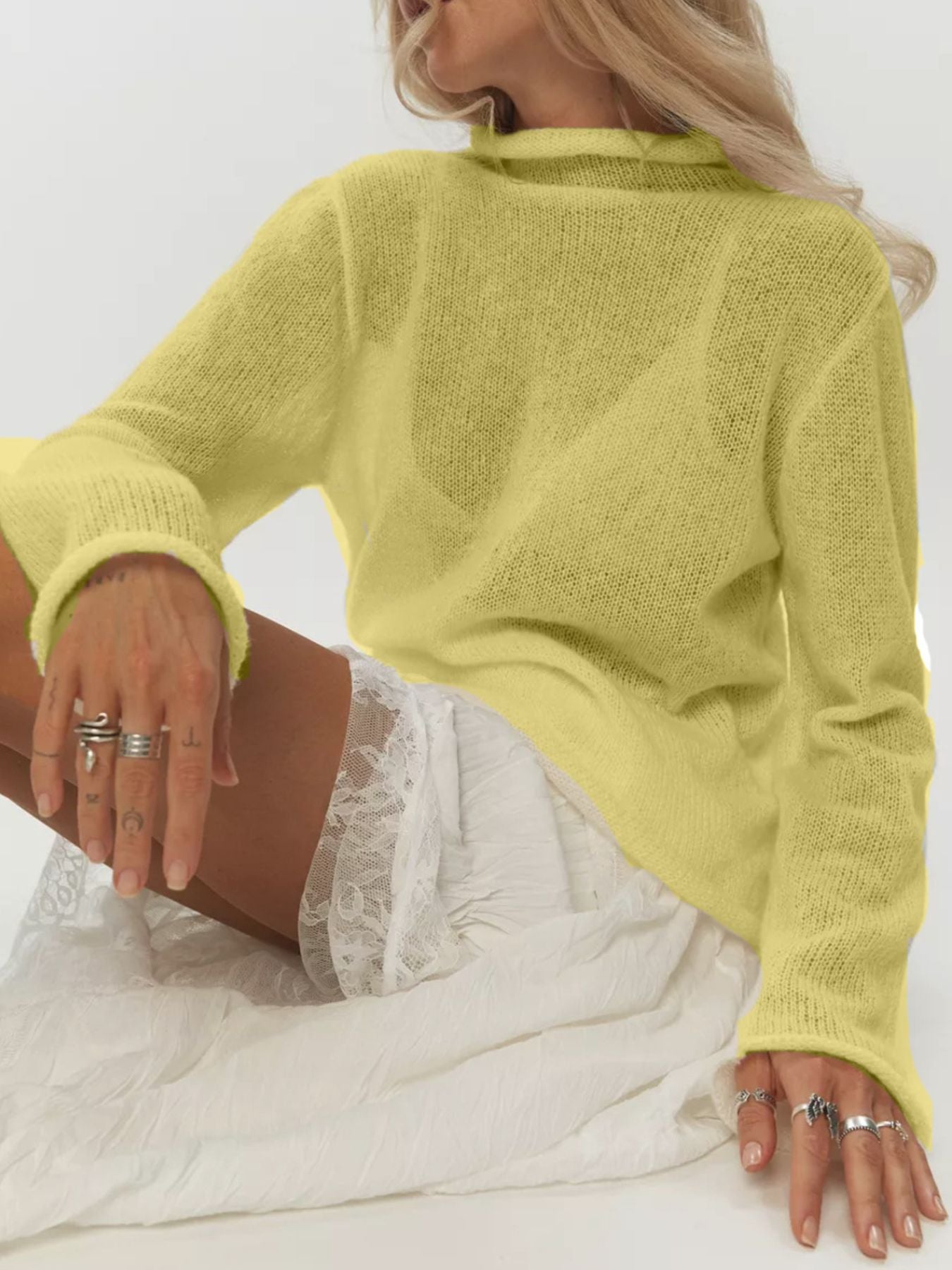 Mock Neck Long Sleeve Sweater in vibrant yellow, styled casually with layered clothing and accessories.