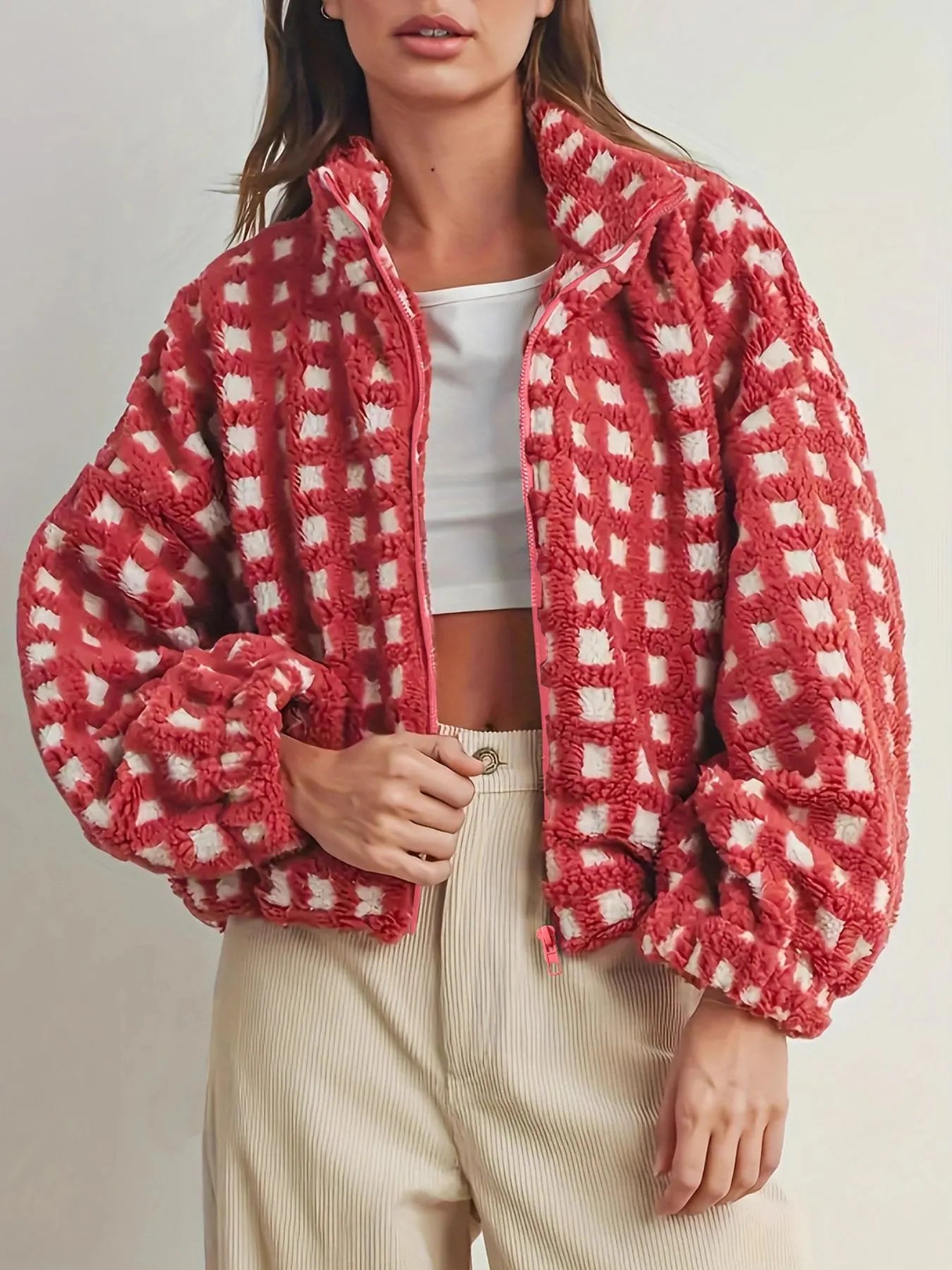 Fleece Checkered Puff Sleeve Bomber Jacket featuring oversized design and zipper detail, perfect for cozy style.