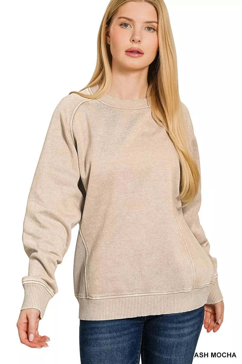 Zenana Acid Washed Fleece Sweatshirt with Side Rib model wearing ash mocha color, featuring side rib detailing.