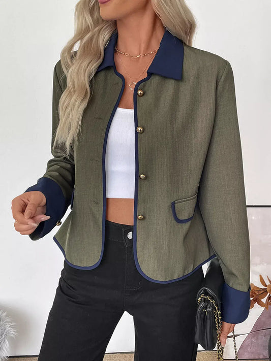 Contrast Trim Button-Up Jacket for Women featuring tailored fit and contrast trim design.