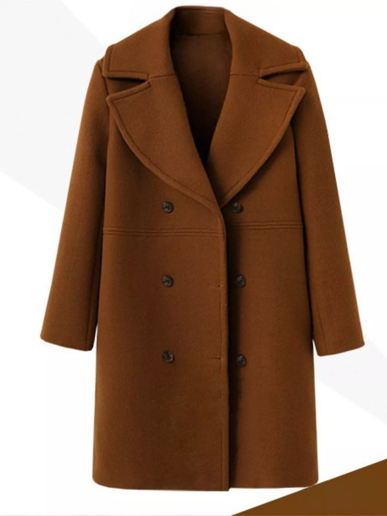 Double-Breasted Long Sleeve Coat – Elegant structured outerwear in brown with double-breasted buttons and a wide collar.