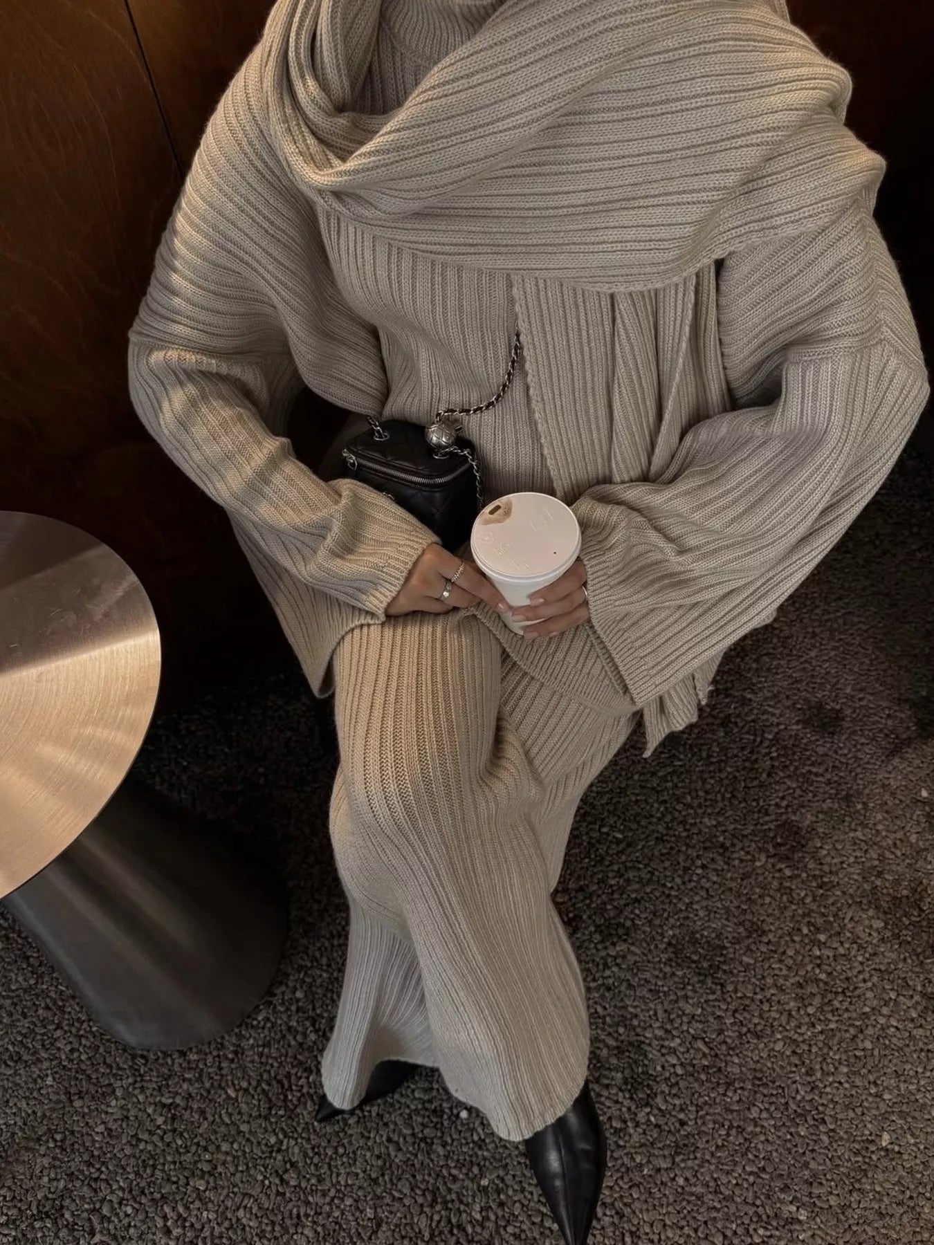 3 Piece Ribbed Sweater and Wide Leg Pants Set with Scarf, showing a stylish outfit in soft ribbed fabric.