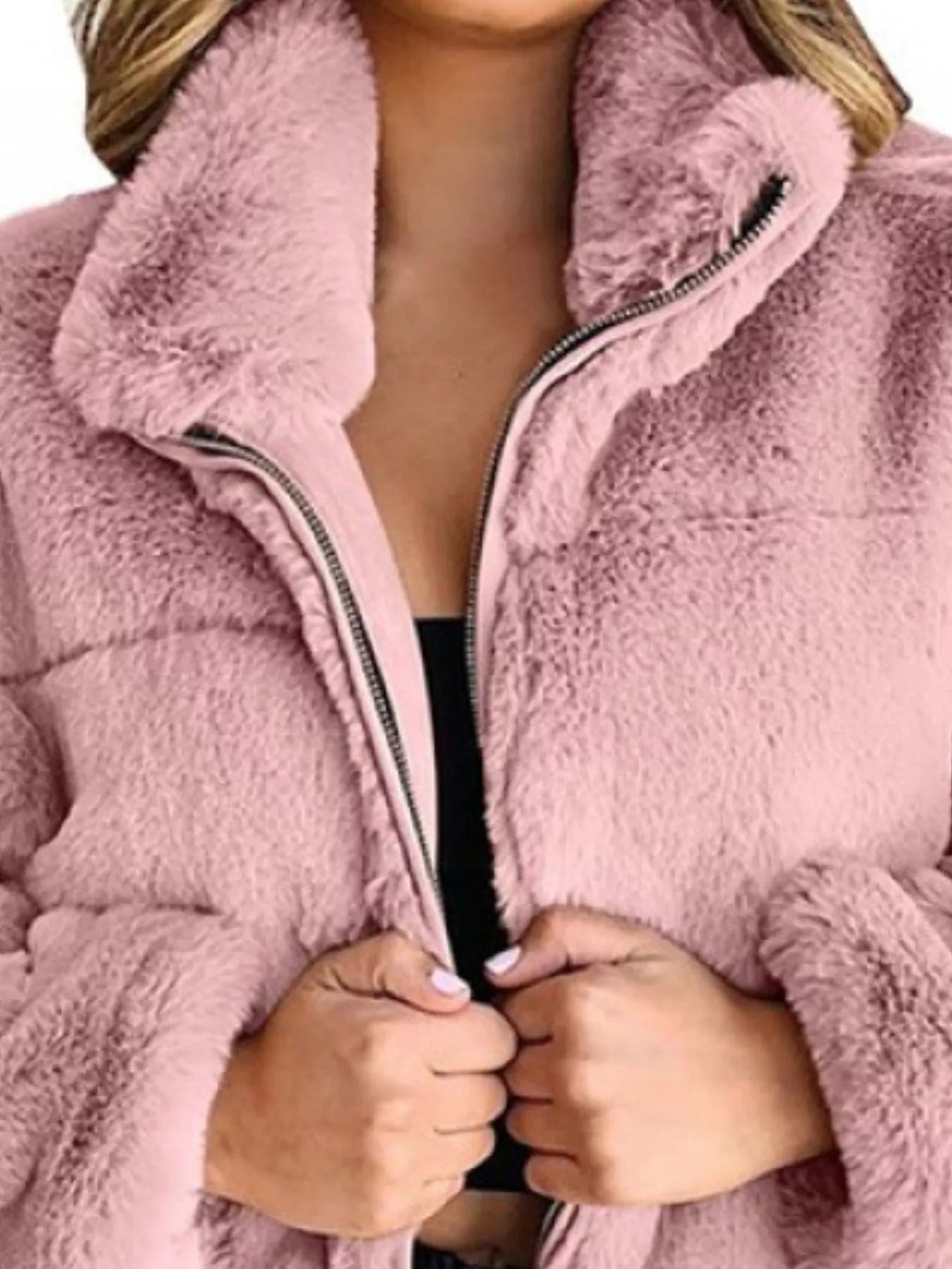 Faux Fur Cropped Zip-Up Jacket in pink, featuring oversized design and zipper closures for cozy cold-season style.