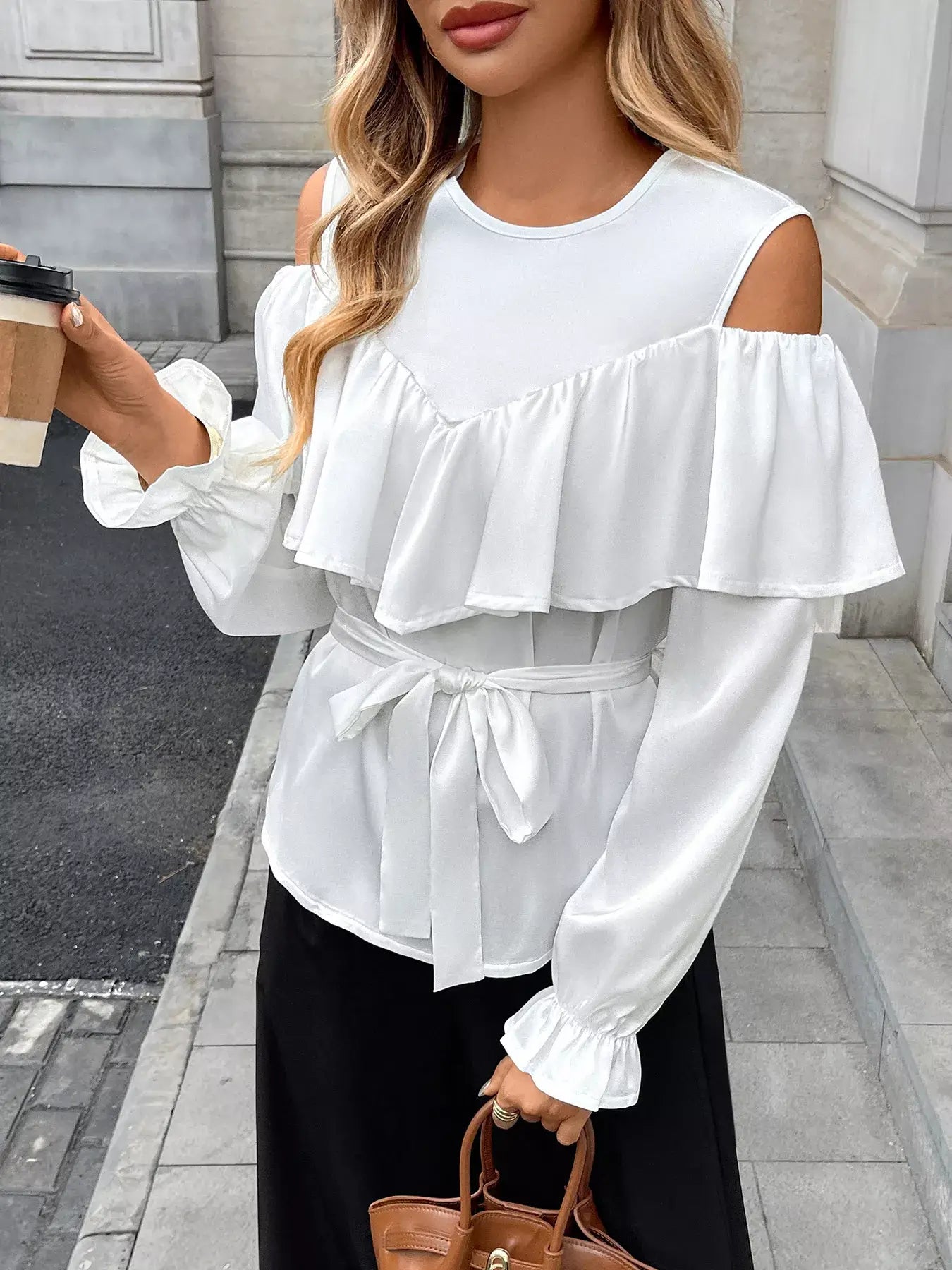 Ruffled Cold Shoulder Flounce Sleeve Blouse with soft ruffles and stylish cold shoulder cutouts, perfect for chic outfits.