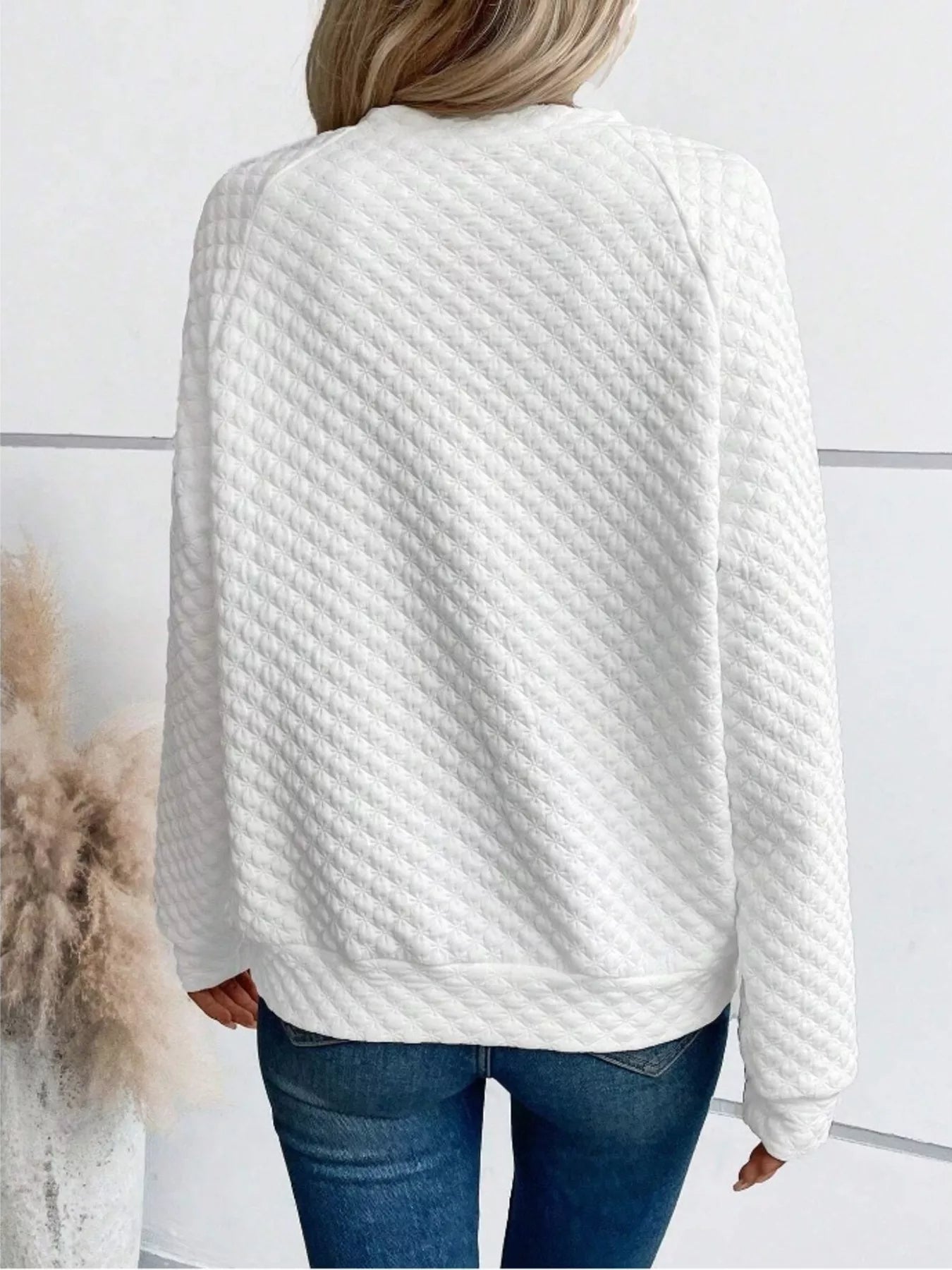 Quilted Texture Long Sleeve Sweatshirt with Notched Neck showing back view in white color, perfect for casual wear.