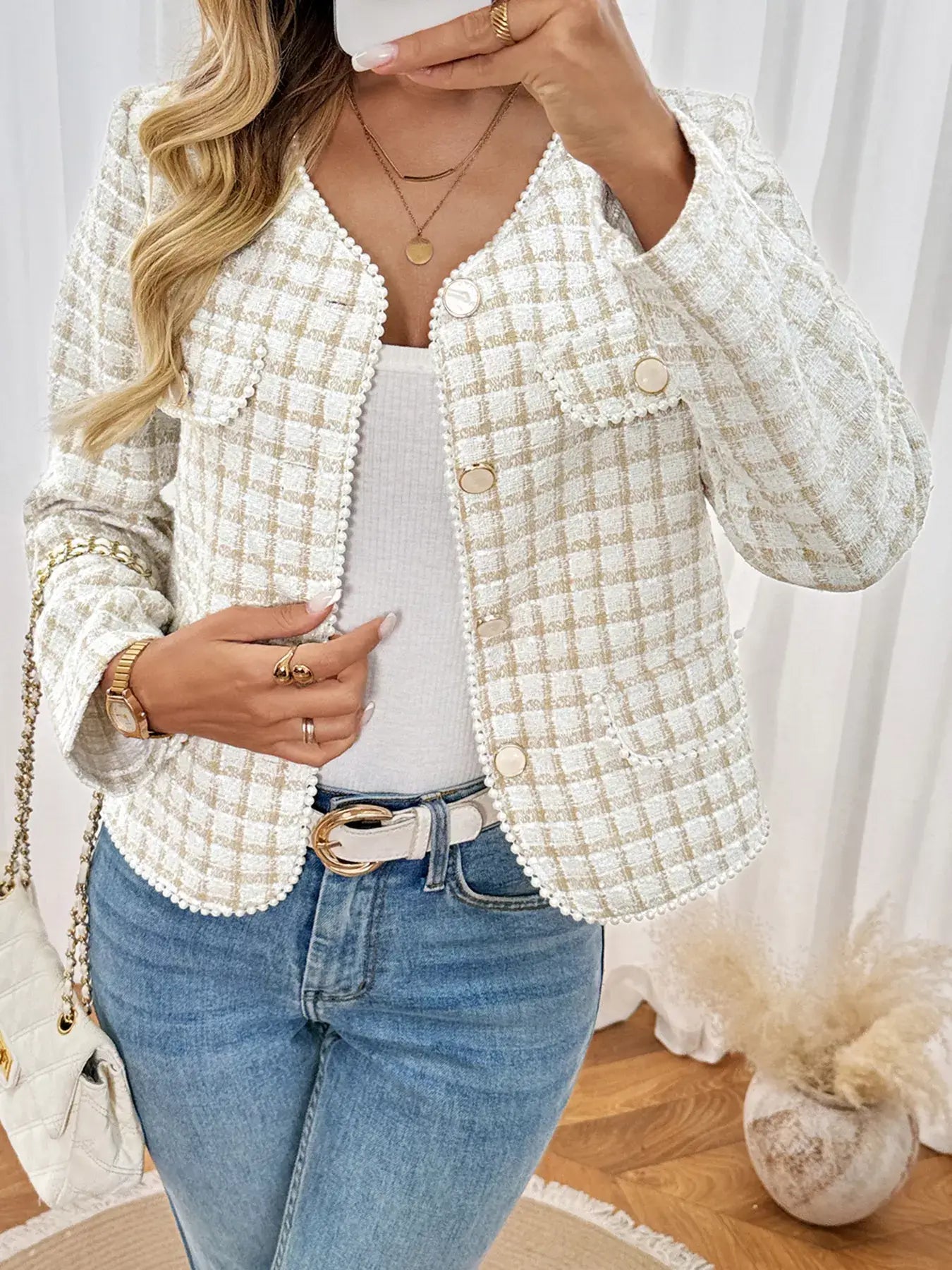 Plaid Button-Front Long Sleeve Outerwear for Women, stylish plaid outerwear with button-front and lightweight design.