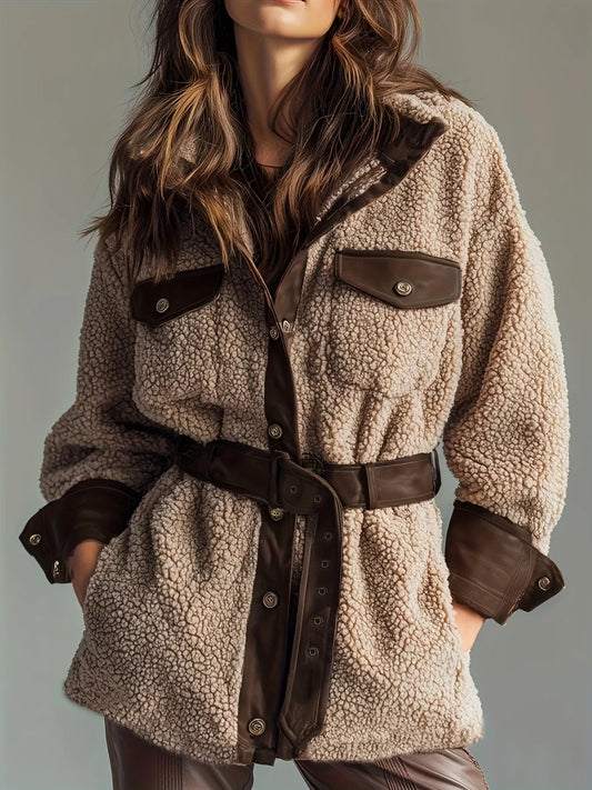 Leather Trim Sherpa Outerwear with Pockets featuring a belted design and buttoned front, perfect for cozy style.