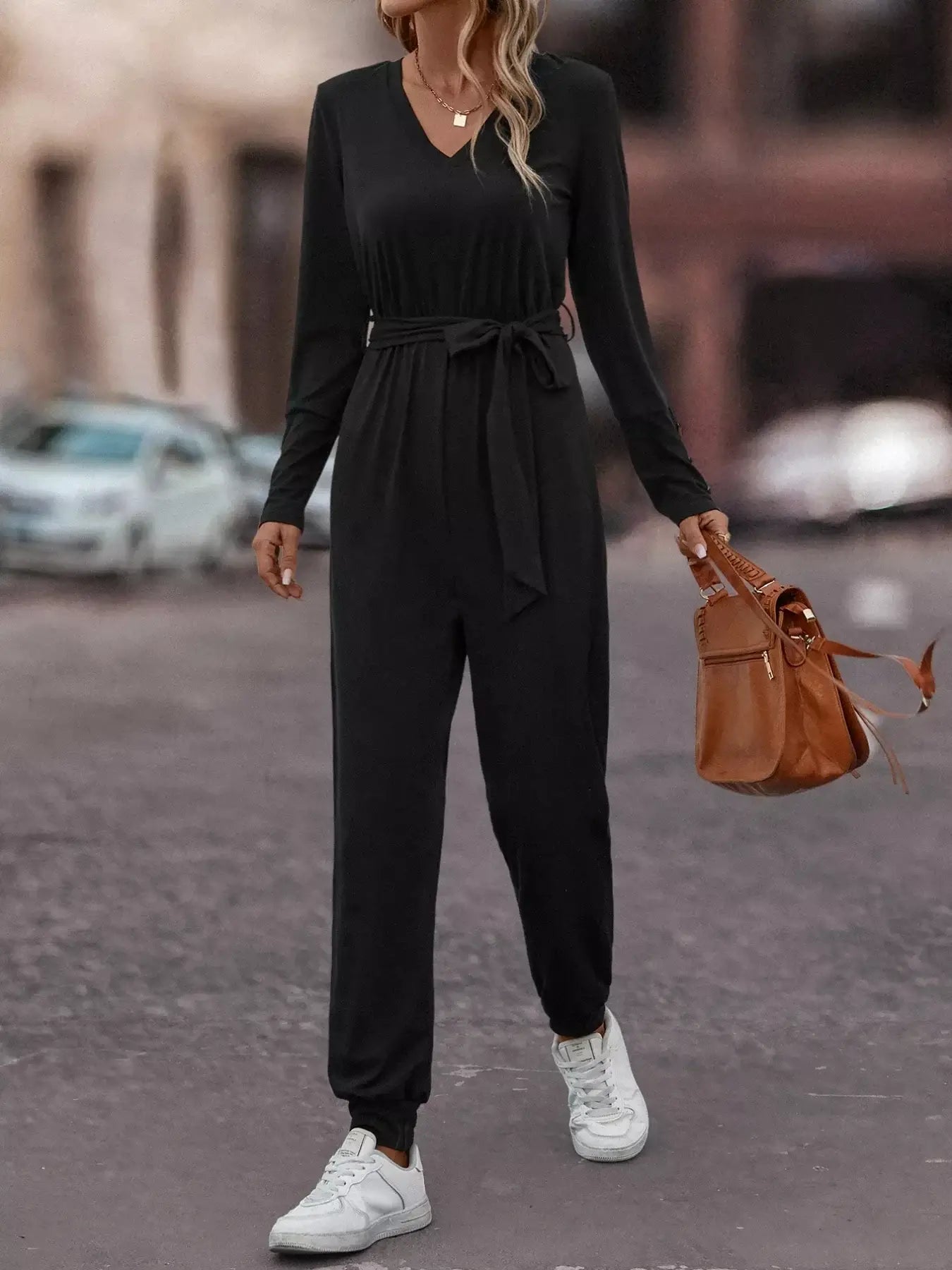 V-Neck Long Sleeve Tie Waist Jumpsuit for Women, stylish black jumpsuit with tie waist and long sleeves.