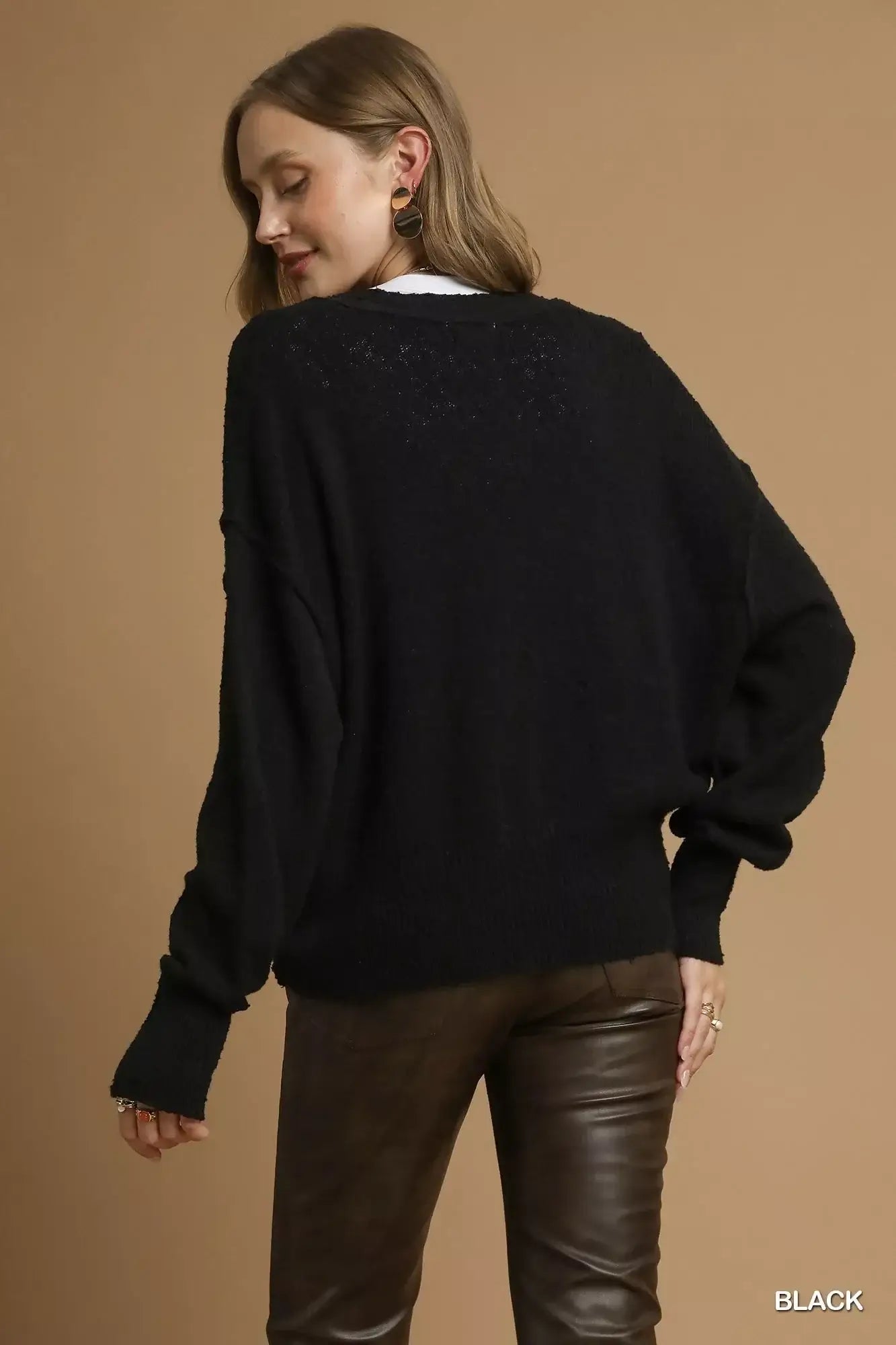 Umgee Button-Front V-Neck Knit Cardigan for Women in black, showcasing the back with a relaxed fit and stylish design.