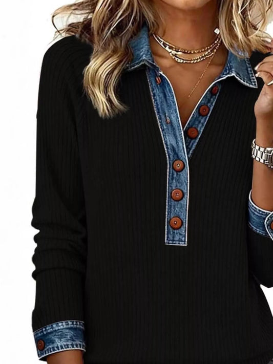 Denim Trim Button Front Ribbed Knit Top featuring a stylish buttoned design and slightly stretchy fabric for comfortable everyday wear.