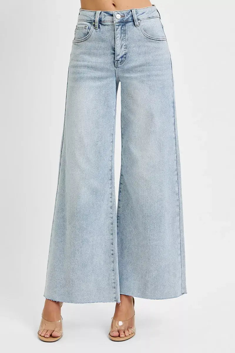 RISEN high rise ankle wide palazzo jeans plus size in light wash denim, featuring a dramatic wide leg silhouette.