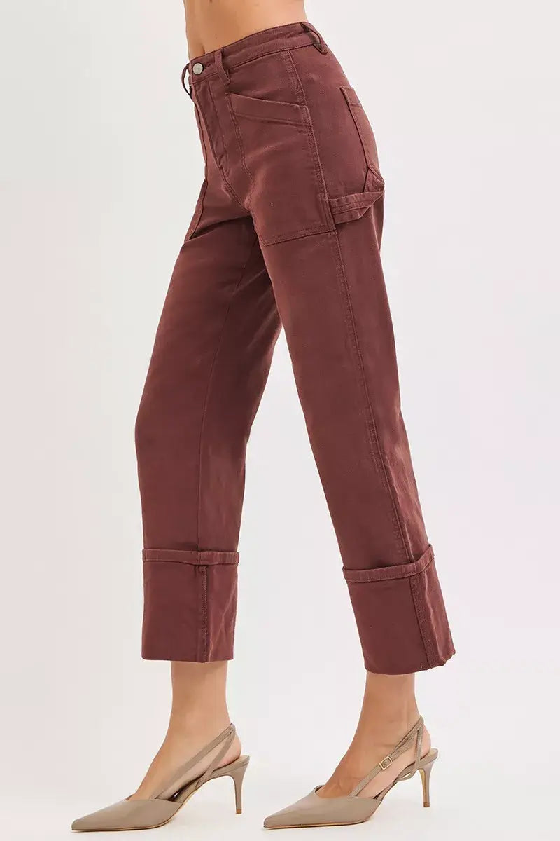 RISEN High Rise Wide Straight Cuffed Jeans in a stylish burgundy color with cuffed hem detail.