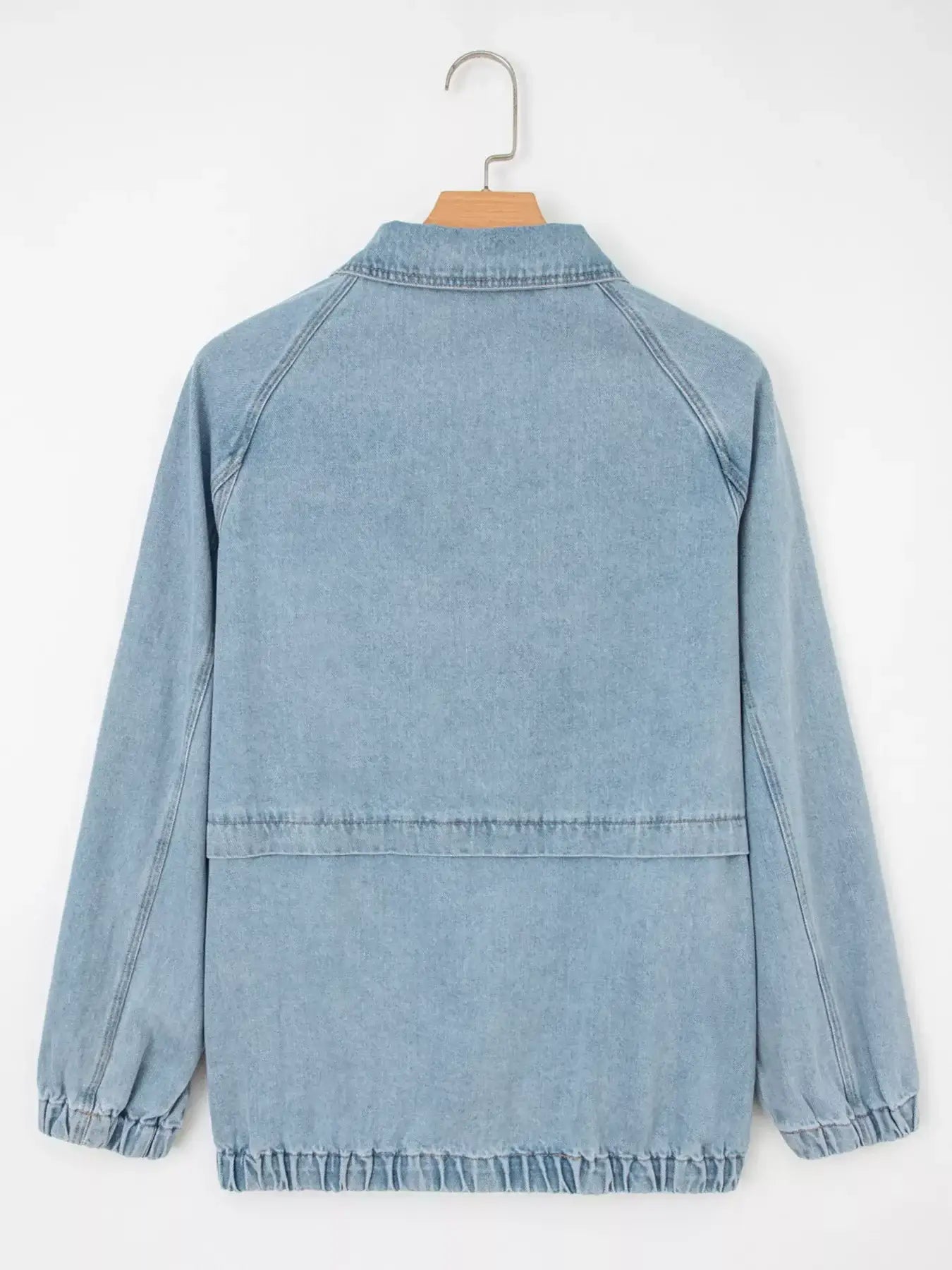 Back view of Elastic Edge Collared Zip Up Denim Jacket showing casual style and functional design with elastic edges.